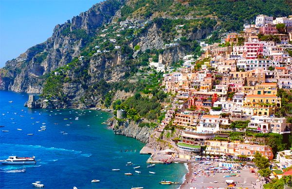 The colourful buildings built in to the rugged coastline in Positano