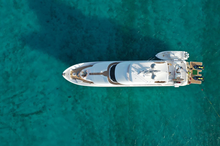 Aerial of NO BAD IDEAS Luxury Motor Yacht in The Bahamas