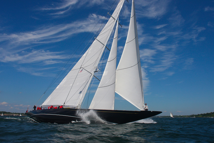 A powerful sailing yacht taking part in St Barths Bucket Race