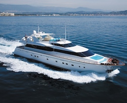 Eye-catching blue colouring throughout on this luxury Falcon 100 motor yacht