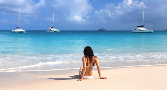 An idyllic beach on the island of Praslin, the Seychelles.