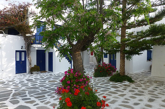 The clean, flowered and winding streets of Mykonos